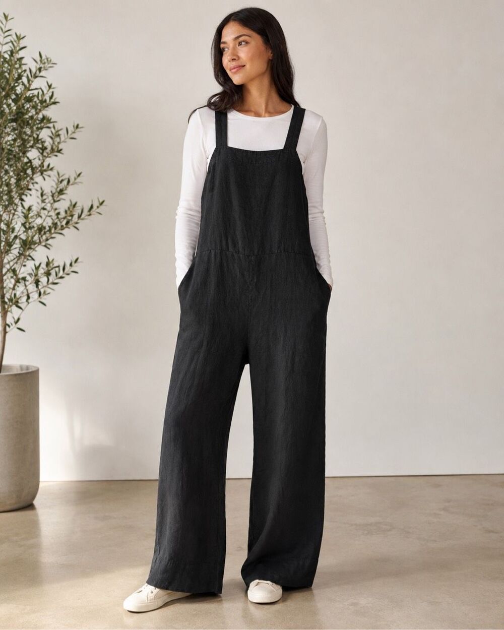 Quince Large Black 100% European Linen Square Neck Wide Leg Jumpsuit Pockets